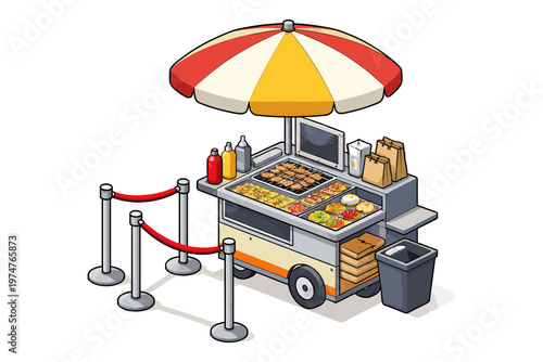 Isometric food cart with grilled skewers, fresh toppings, and queuing ropes