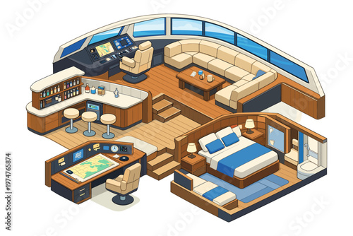 Isometric view of a luxury yacht interior with bridge, lounge, and cabin