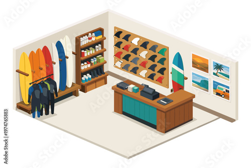 Isometric view of a surf shop interior with surfboards, wetsuits, and accessories displayed
