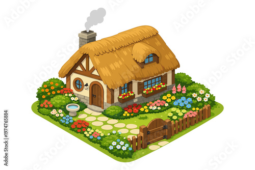 Charming thatched cottage with a vibrant garden and stone pathway