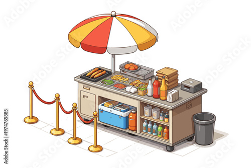 Outdoor food stand with colorful umbrella and queuing stanchions