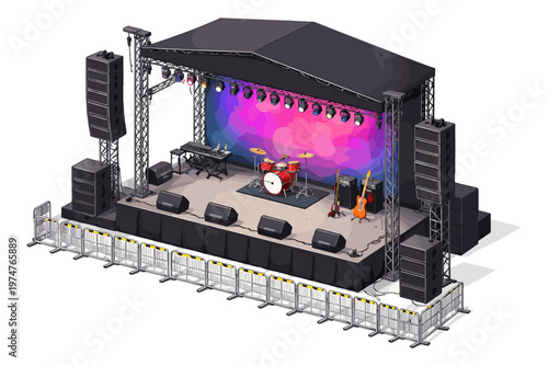 Outdoor concert stage setup with sound system, instruments, and crowd barriers