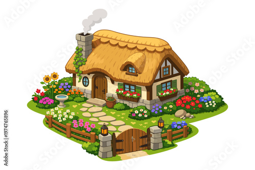 Charming thatched cottage with a vibrant garden and stone pathway