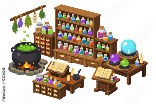 Magical potion making station with cauldron, crystals, and spell books