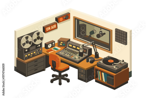 Retro radio broadcast studio with vintage equipment and on air sign