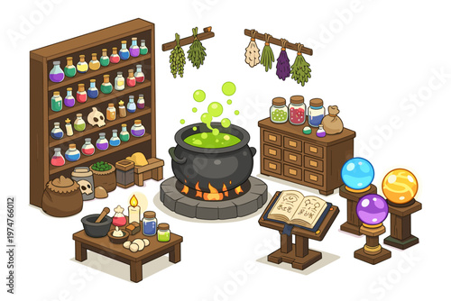 Enchanting alchemy lab setup with bubbling cauldron and magical potions