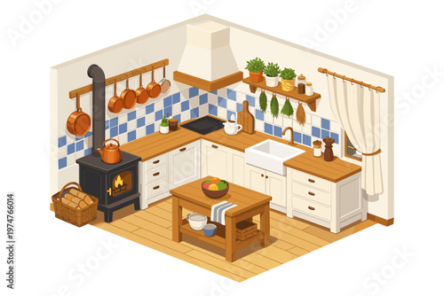 Cozy isometric kitchen with wood-burning stove and copper pots