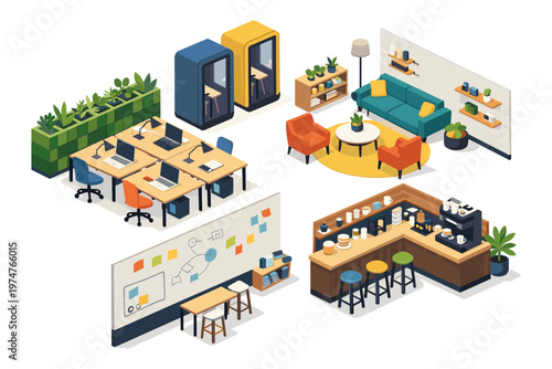 Modern office spaces with collaborative areas and a coffee bar