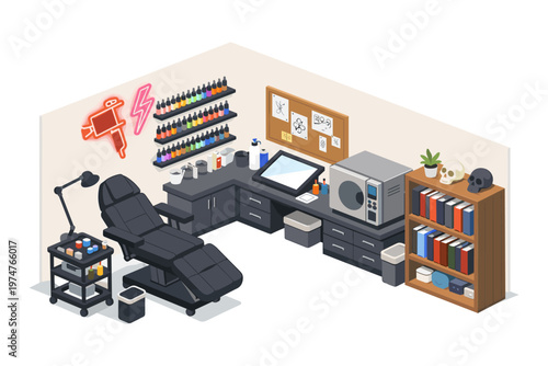 Modern tattoo studio setup with equipment and supplies for artists
