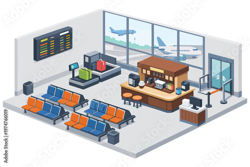 Isometric airport terminal interior with waiting area, baggage claim, and cafe