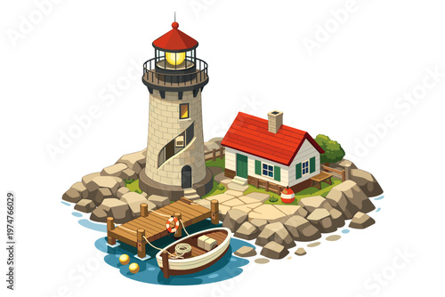 Charming lighthouse and cottage on a rocky island with a boat docked at the pier