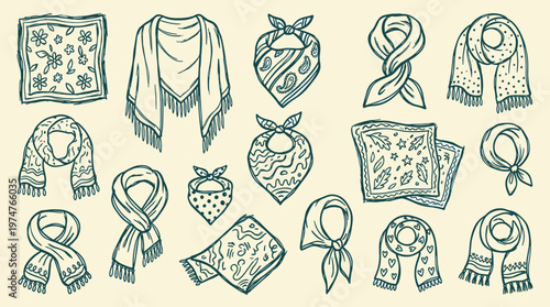 Collection of Hand Drawn Scarves and Bandanas Featuring Various Patterns and Styles for Fashion and Accessories