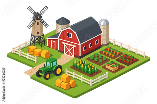 Isometric farm scene with red barn, tractor, windmill, and crops