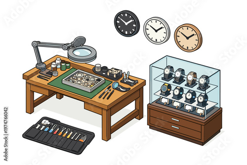 Watchmaker's workbench with tools and display case filled with timepieces