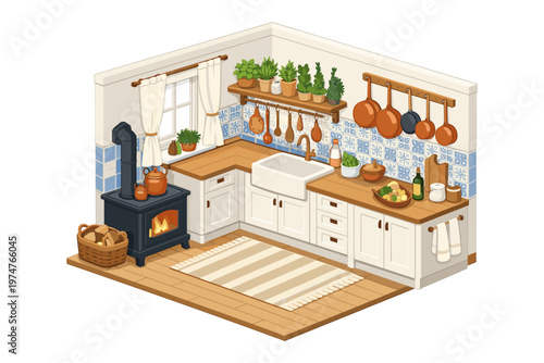 Cozy isometric kitchen with a wood-burning stove and farmhouse sink