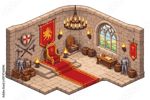 Medieval throne room with royal regalia and knightly armor displayed
