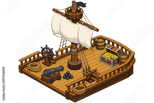 Colorful pirate ship illustration with cannons and treasure chest