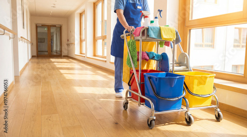 Professional janitorial cleaning trolley in bright hospital corridor, commercial cleaning service worker with equipment, healthcare facility maintenance