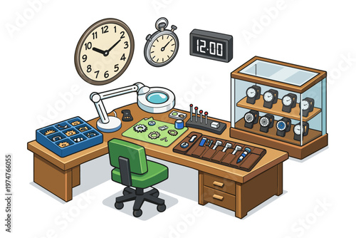 Watchmaker's workbench with tools, parts, and display case of timepieces