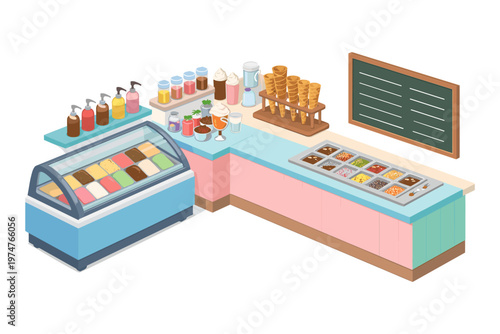 Colorful ice cream parlor counter with various toppings and flavors displayed