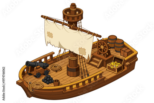 Cartoon pirate ship with cannon, treasure chest, and tattered sail