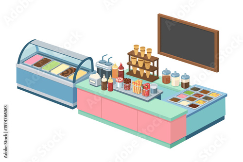 Isometric ice cream parlor counter with colorful flavors and toppings displayed