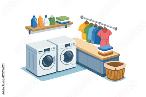 Modern laundry room with washing machines, clothes rack, and supplies