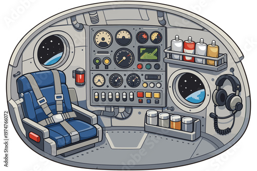 Inside a cartoon spaceship cockpit with a pilot seat and control panel