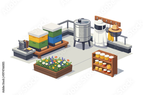 Beekeeping setup with hives, extractor, protective suit, and honey jars