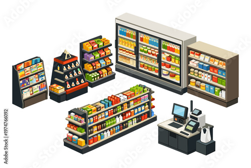 Isometric grocery store aisle with shelves, refrigerator, and checkout counter