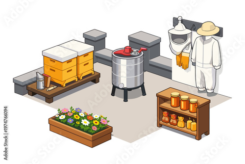 Beekeeping equipment and honey products displayed in a stylized isometric scene