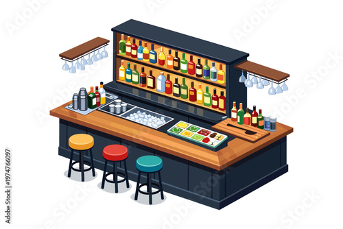 Modern bar counter with stools, bottles, and glassware, ready for service