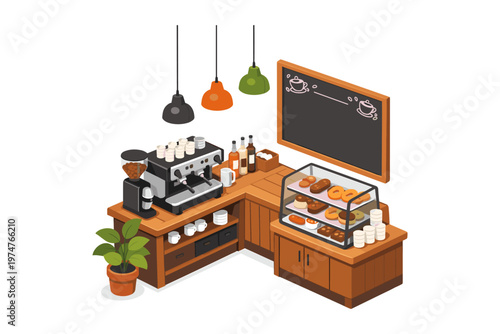 Cozy isometric coffee shop counter with espresso machine and pastry display