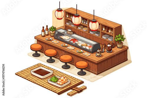 Cozy Japanese sushi bar interior with fresh seafood display and seating