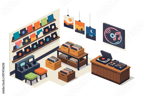 Cozy isometric record store interior with vinyl albums and listening station