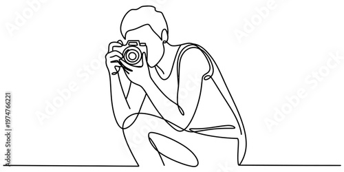 A continuous line drawing of a person crouching down while taking a picture with a hand camera