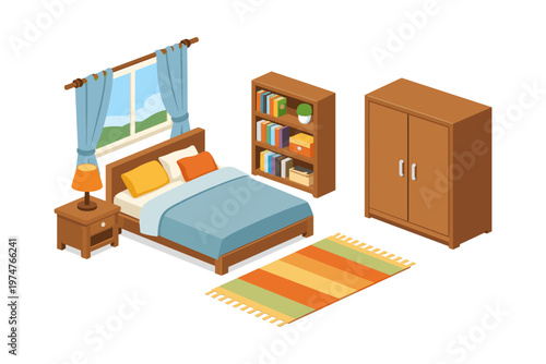 Cozy bedroom interior with bed, wardrobe, bookshelf, and nightstand