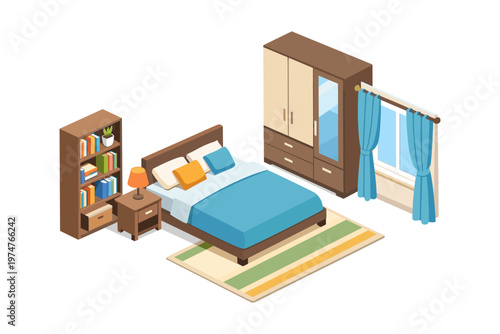 Cozy isometric bedroom scene with bed, wardrobe, bookshelf, and window