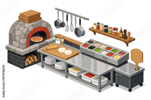 Authentic Italian pizza making station with stone oven and fresh ingredients