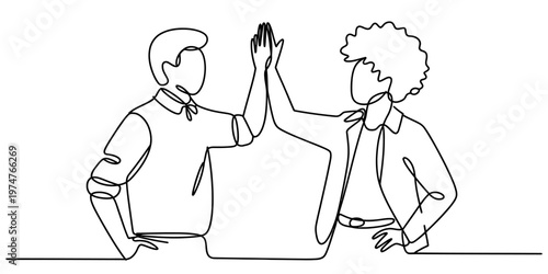 Continuous line drawing of two diverse people giving a high five to celebrate a shared success.