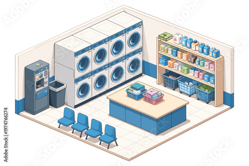 Isometric view of a clean and organized laundromat with washing machines and supplies