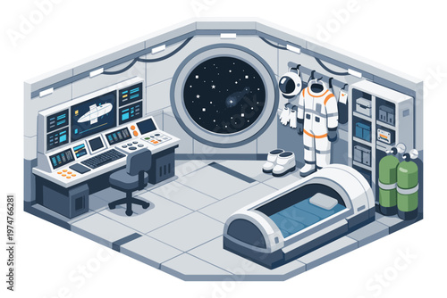 Isometric view of a futuristic spaceship interior with control panel and sleeping pod