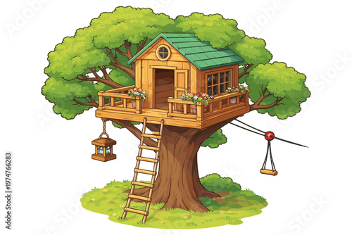 Charming wooden treehouse with a ladder and swing set nestled in a large green tree