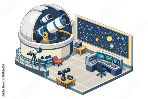 Observatory control room with telescopes and a solar system model on the wall