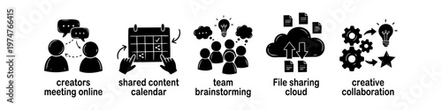Business collaboration icon set featuring online meeting, shared content calendar, team brainstorming, cloud file sharing, and creative collaboration illustrations on white background.