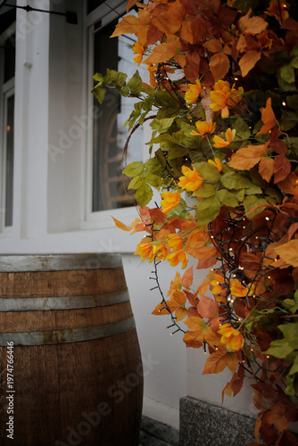 Using an oak barrel for street decoration.