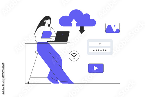 Cloud computing, storage, data center, file management concept. Woman uploads data to cloud service, sync or makes backup. Flat Cartoon Vector Illustration, icon Stylish abstract design landing page 