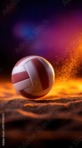 A volleyball rolling on sandy terrain with a colorful background of light and dust particles