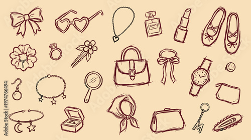Chic feminine accessories doodle sketch collection fashion items and jewelry hand drawn style on beige background