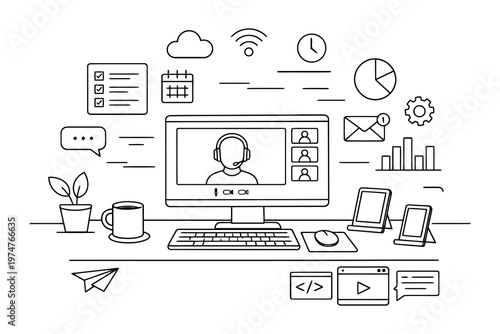 A hand drawn sketch of a modern workspace featuring a computer screen during a video conference